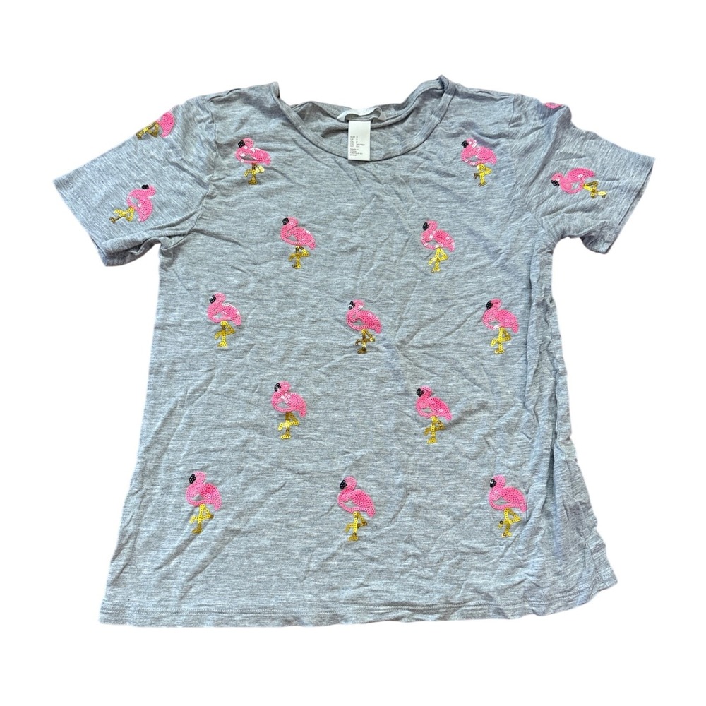 H&M Flamingo Sequin T-Shirt Women Gray Good Short Sleeve Cotton SIZE S